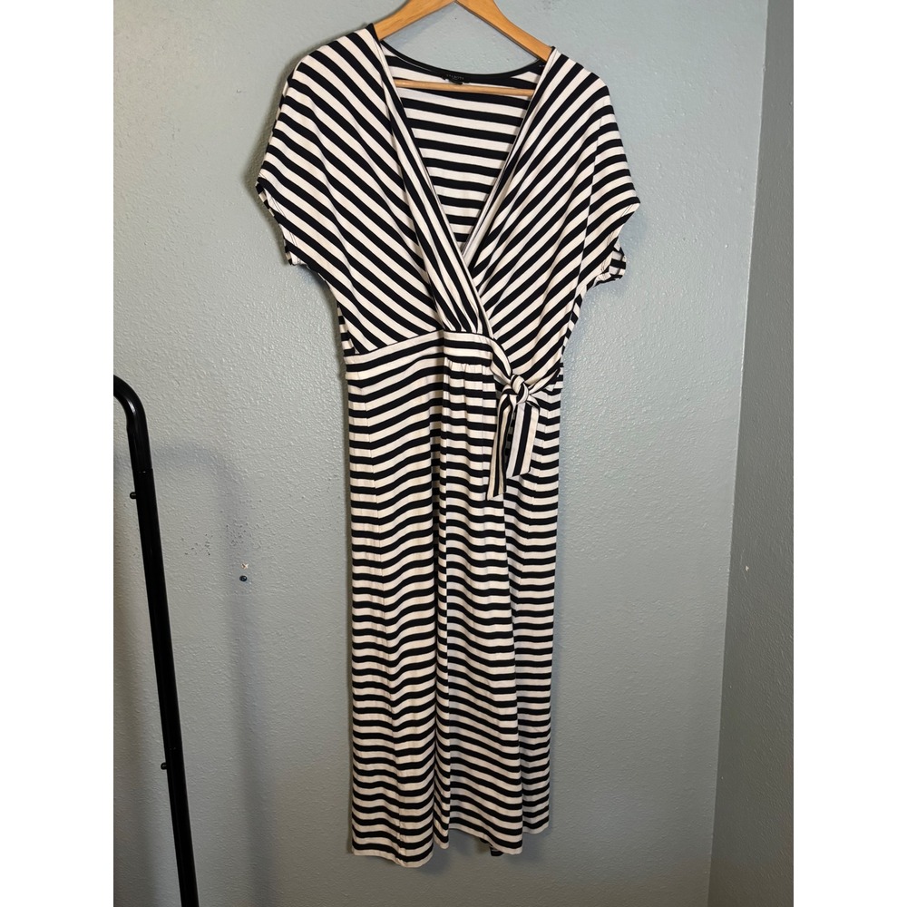 Talbots Striped Maxi Dress Navy White Wrap V-Neck Large Petite Cotton - Picture 2 of 9